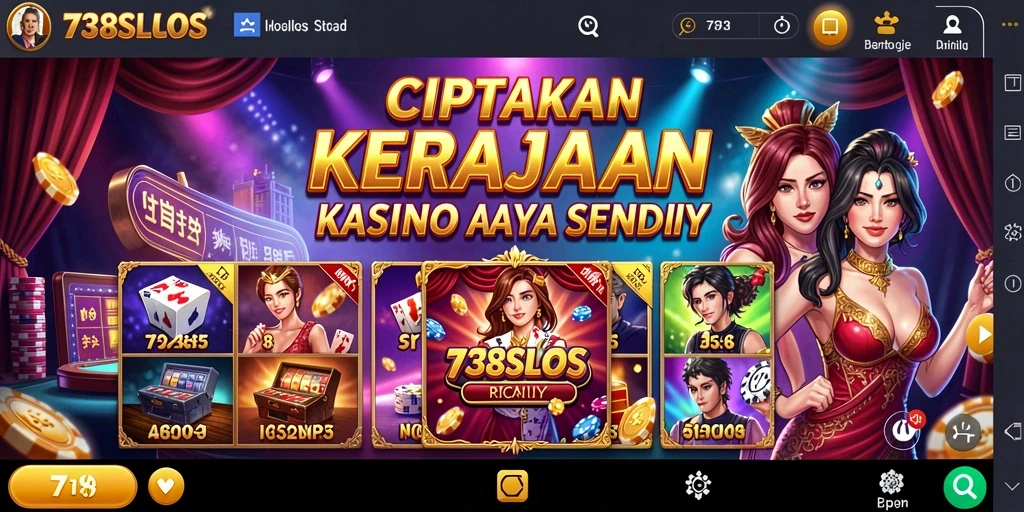Screenshot utama 738SLOTS menampilkan suasana kasino yang meriah dan penuh keseruan.