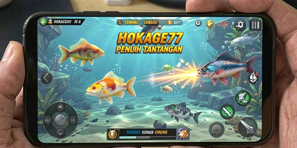 Gameplay seru HOKAGE77 dengan menembak ikan berwarna-warni.