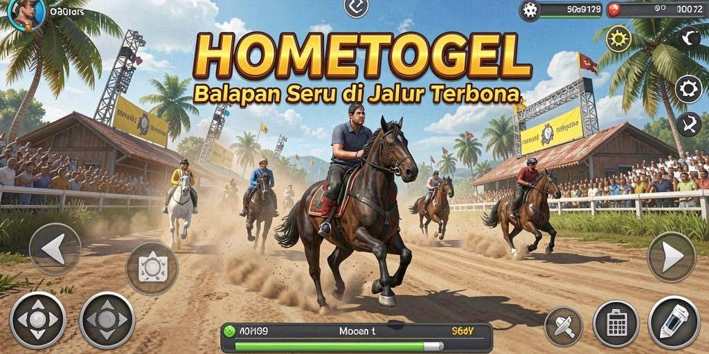 Screenshot gameplay HOMETOGEL menampilkan balapan yang mendebarkan di jalur terbuka.