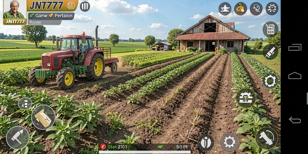 Tampilan gameplay JNT777 dengan kebun yang rimbun dan hewan ternak.